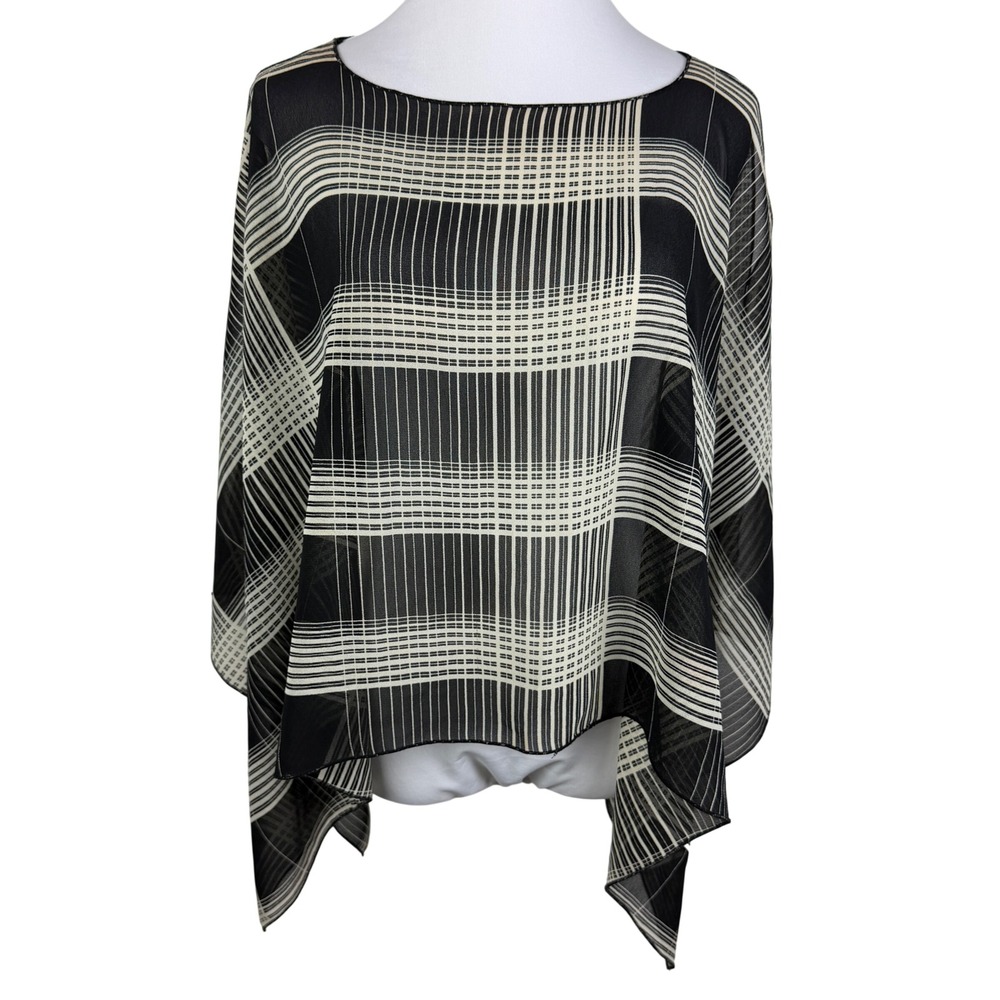 Luly K‎ NYC Black Beige Plaid Sheer Poncho Top One Size Made in USA